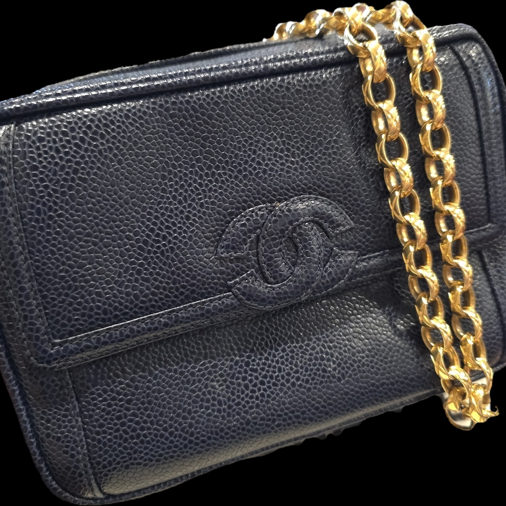 Vintage Chanel Blue Caviar Leather Camera Bag with Gold Chain Bixiou